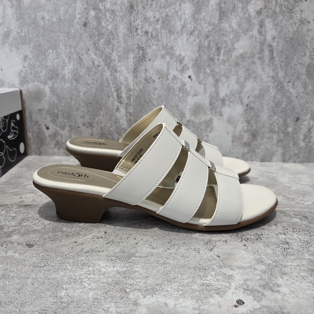 East 5th Cream Triple-Strap Low Block Heel Slide Sandals